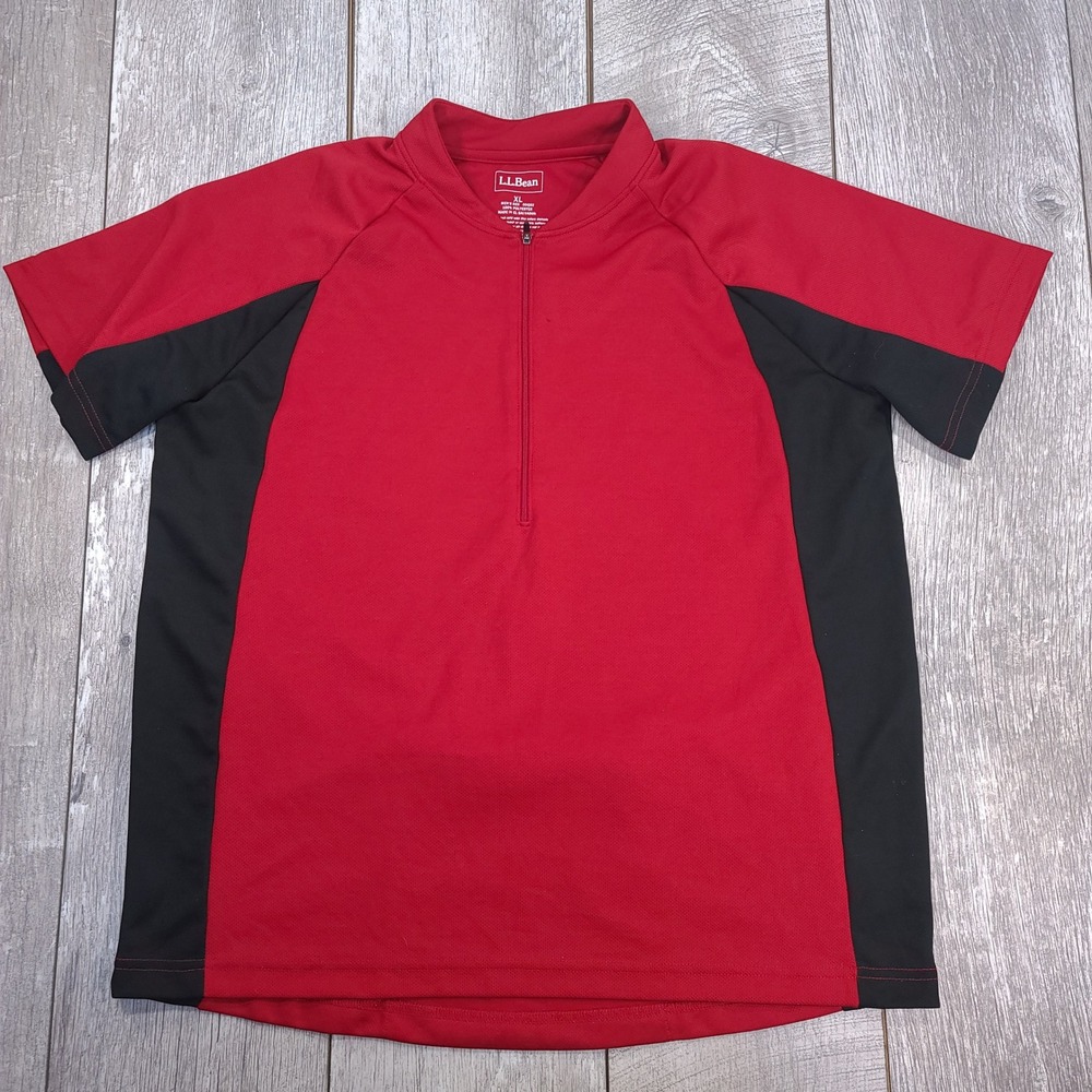 LL Bean Cycling Jersey Mens XL Red Black Quarter Zip Short Sleeve Mesh Pocket